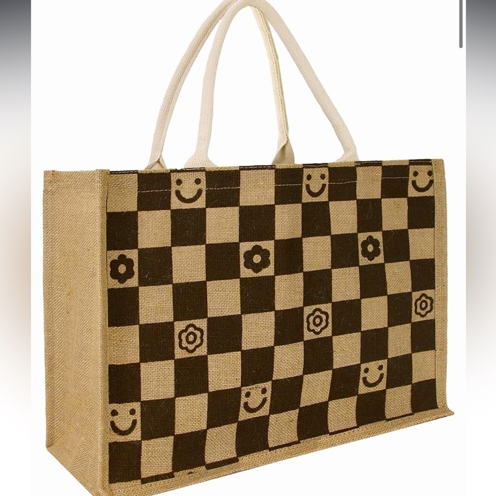 Oversized Classic Tan Tote / Beach Bag in Checkerboard Chic